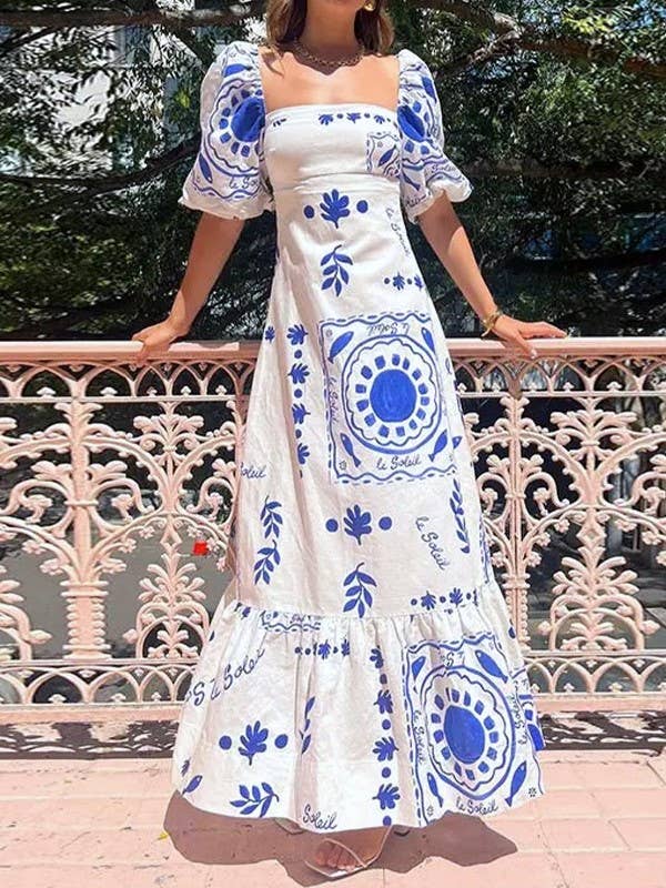 Rosa Clothing - Wholesale Dress - Women's - Unique Print Square Neck Bubble Sleeve Dress