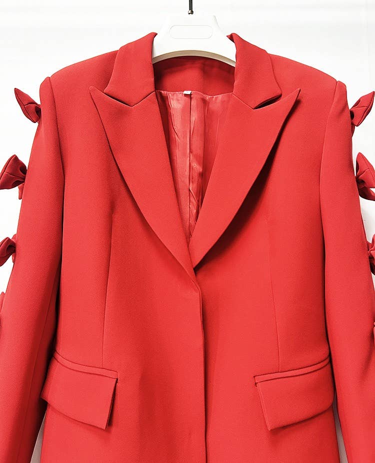 Sanyao Fashion - Vente Veste de tailleur – femme  - Veste de costume mi-longue rouge chic à manches à nœud papillon SY2545