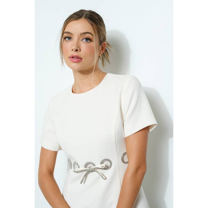 INA - Wholesale Dress - Women's - Short Sleeve Waist Rhinestone Bow Mini Dress