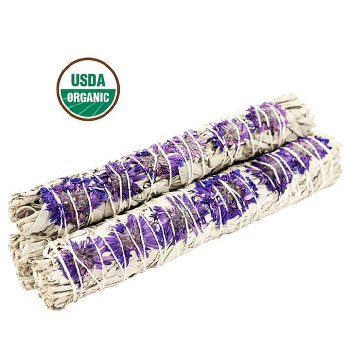 'Purple Daze' Floral White Sage Smudge Stick (9 in.) for wholesale by Designs by Deekay Inc.