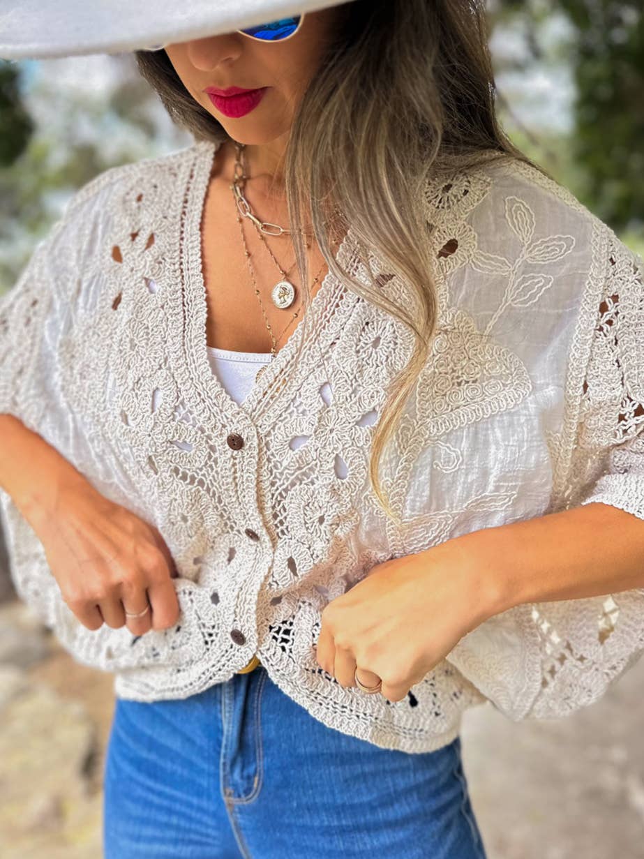 Ivory Boho Lace Detail Dolman Sleeve Button-Down Cardigan for wholesale on Faire2
