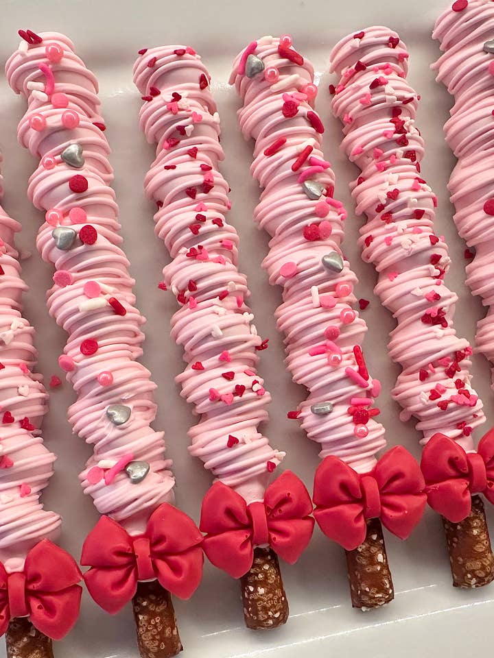 Valentine Chocolate Covered Caramel Pretzels for wholesale by Delightful Chocolates