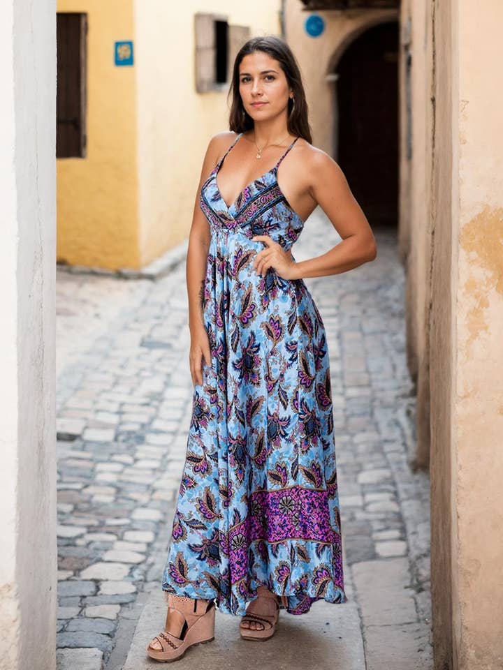 Abito Lungo Schiena Incrociata Design Esclusivo per la vendita all'ingrosso da parte di Kimago Look