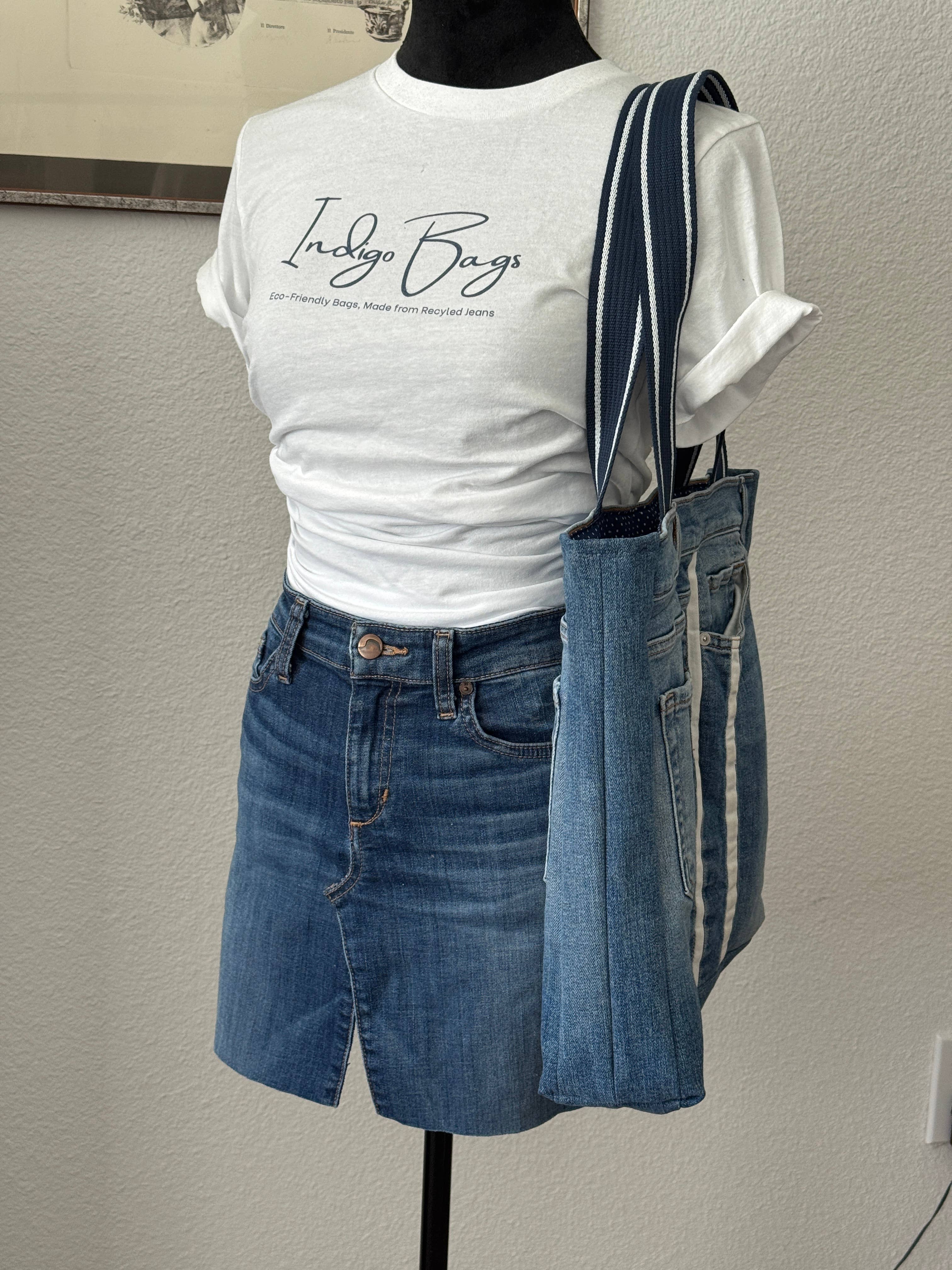 Indigo Bags - Wholesale Tote Bag - Women's - 7FAM Upcycled Premium Denim Tote Bag w/ stripe - blue dot4