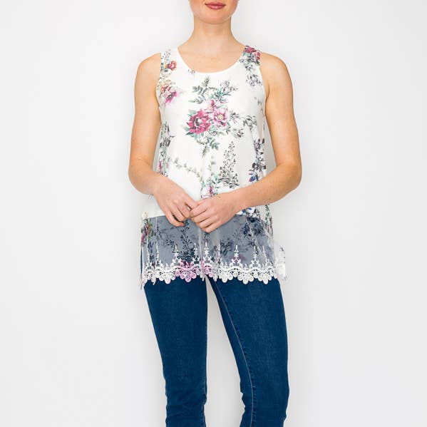 Soft Relaxed Tank With Delicate Floral Laced Hem - T08 IV-CH FL for wholesale by Origami Apparel ~ Lace and Crochet inspired