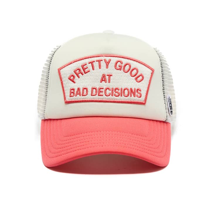 "Good At Bad Decisions" Mesh Back Trucker Hat in White for wholesale on Faire