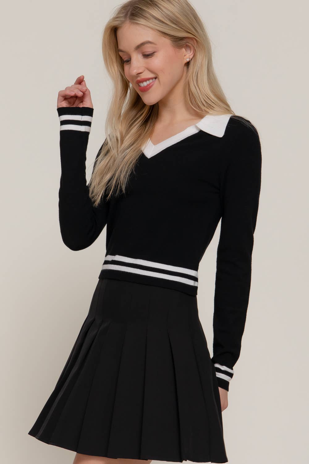 Active Basic | Active USA - Wholesale Knit Sweater - Women's - Long Sleeve Stripe Polo Sweater18