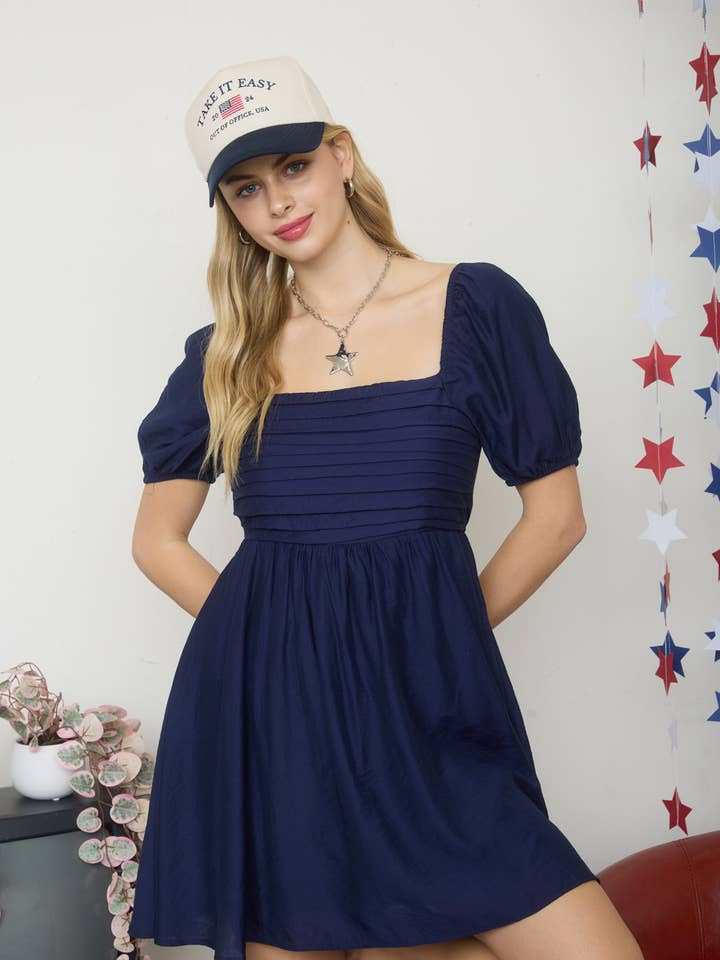 PLEATED BODICE SHORT PUFF SLEEVE MINI DRESS for wholesale by MINE