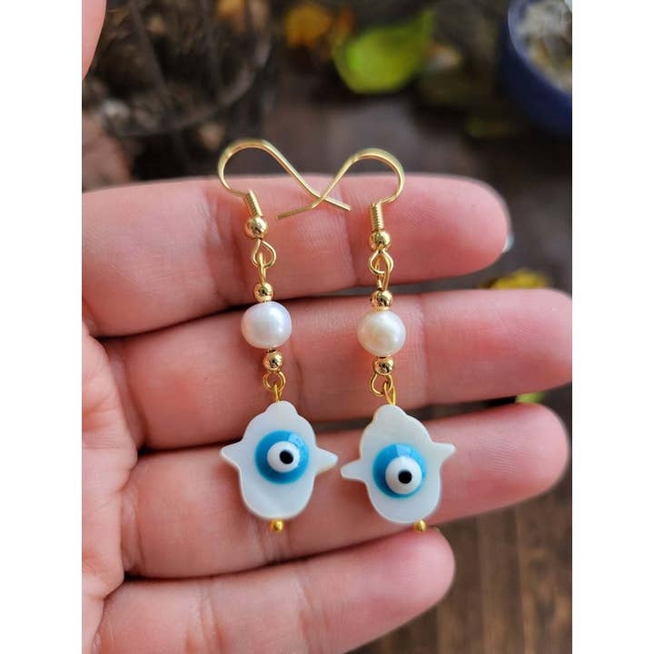 Hamsa Hand with Evil Eye Dangle Earrings Freshwater for wholesale by My Magic Place Shop