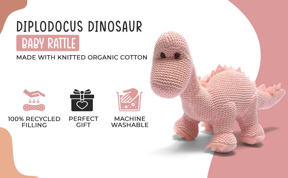 Best Years Ltd – wholesale Handheld rattle – Baby – Knitted Organic Cotton Pink Diplodocus Dinosaur Baby Rattle9