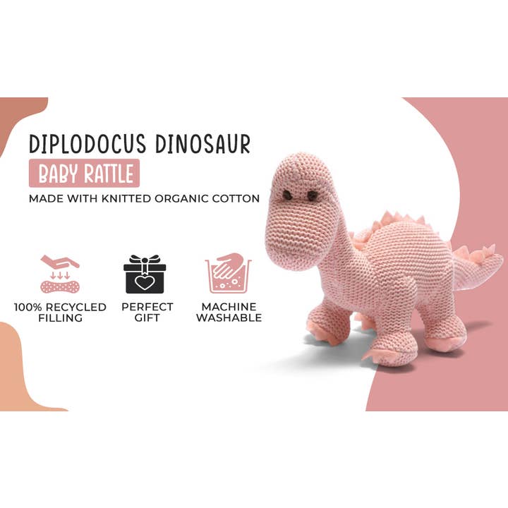 Best Years Ltd – wholesale Handheld rattle – Baby – Knitted Organic Cotton Pink Diplodocus Dinosaur Baby Rattle9