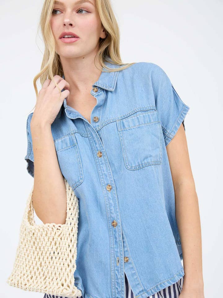 CHAMBRAY COLLARED SHORT SLEEVE BUTTON DOWN SHIRT for wholesale by Blu Pepper