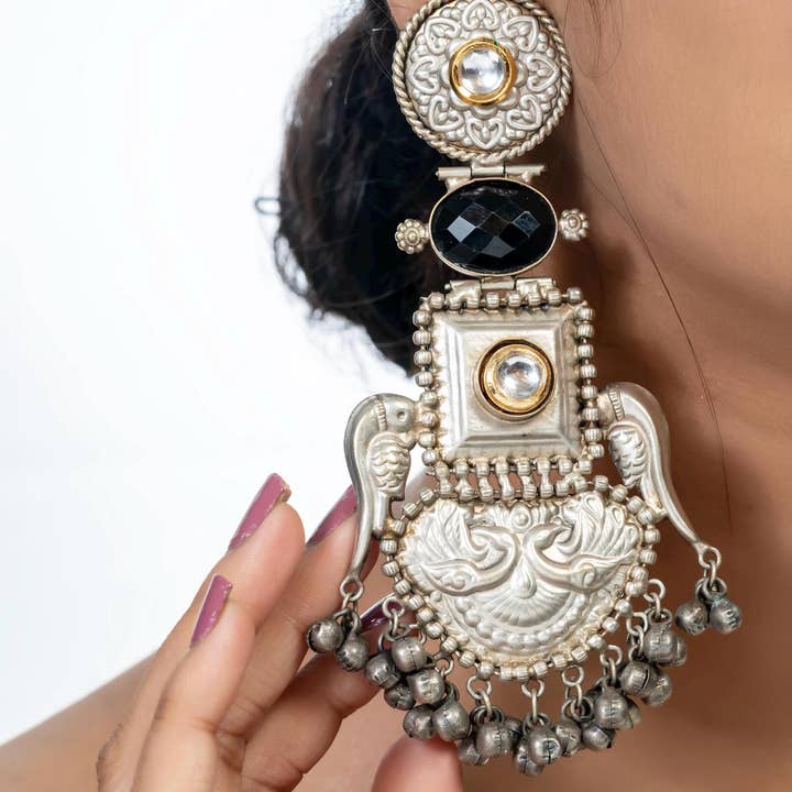 Handmade Antique Silver Kundan Earrings with Ghungroos for wholesale by Vastrabhushan