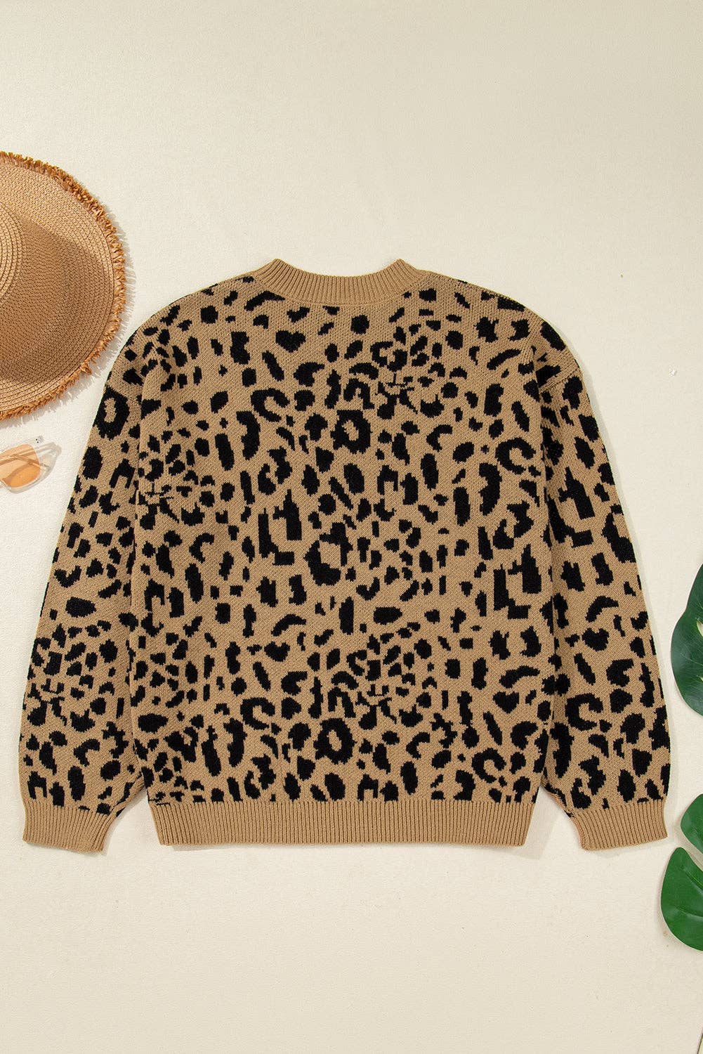Light French Beige Leopard Ribbed Trim Crewneck Drop Shoulder Sweater for wholesale on Faire2