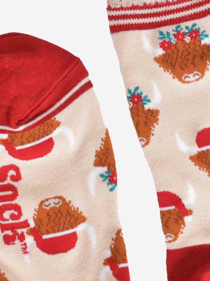 Sock Talk - Wholesale Socks – Women's - Women's Bamboo Socks - Cream/Red, Christmas Highland Cow11