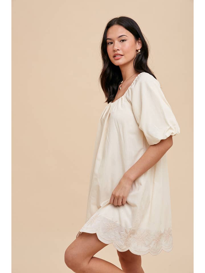 APRICOT CRUSH PUFF SLEEVE EMBROIDERED COTTON MODAL DRESS for wholesale on Faire