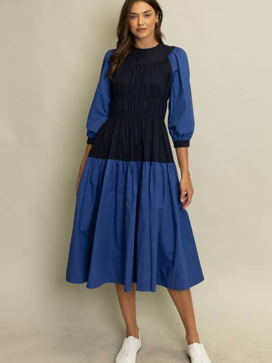 Vestido midi con bloques de color, mangas abullonadas y capas SOD1307 para venta al por mayor de Heyson