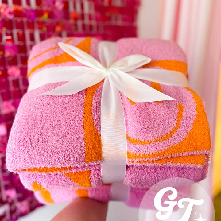 Lux Neon Pink Happy Throw Blanket for wholesale on Faire