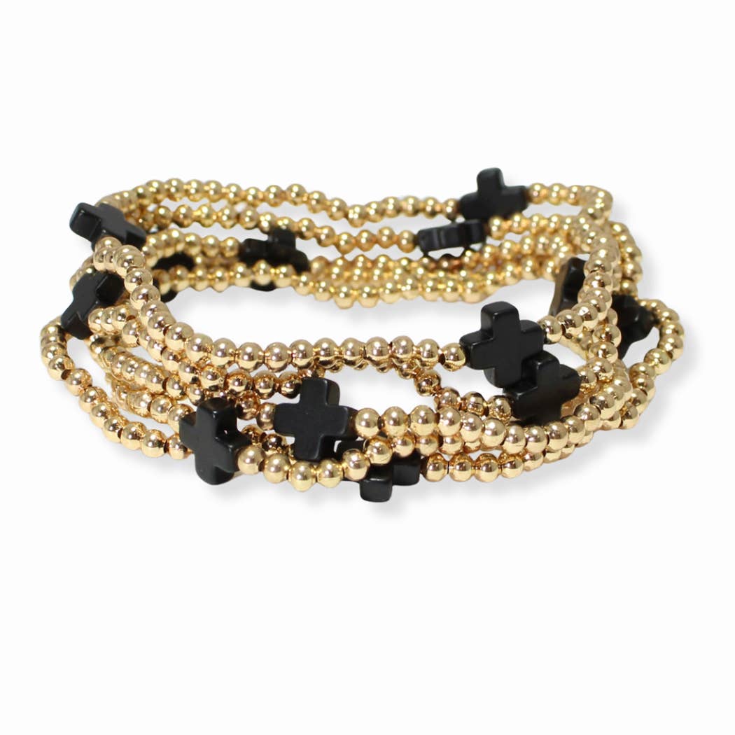 SOPHIA WHOLESALE - Wholesale Beaded Bracelet - Multi layered gold bead stretch bracelet with cross accent n5