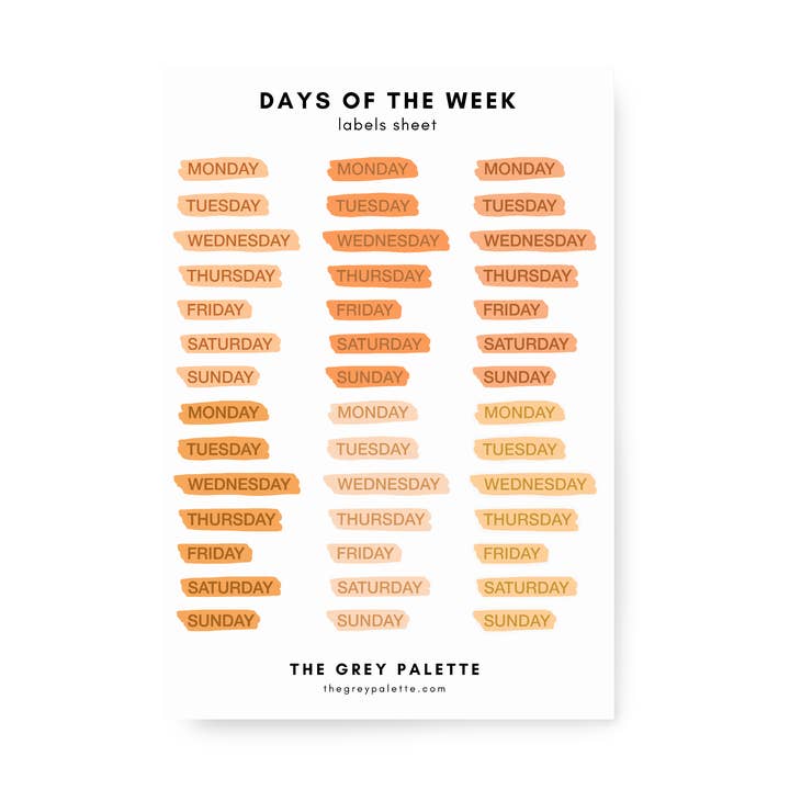 Orange Week Days Sticker Sheet for wholesale by The Grey Palette