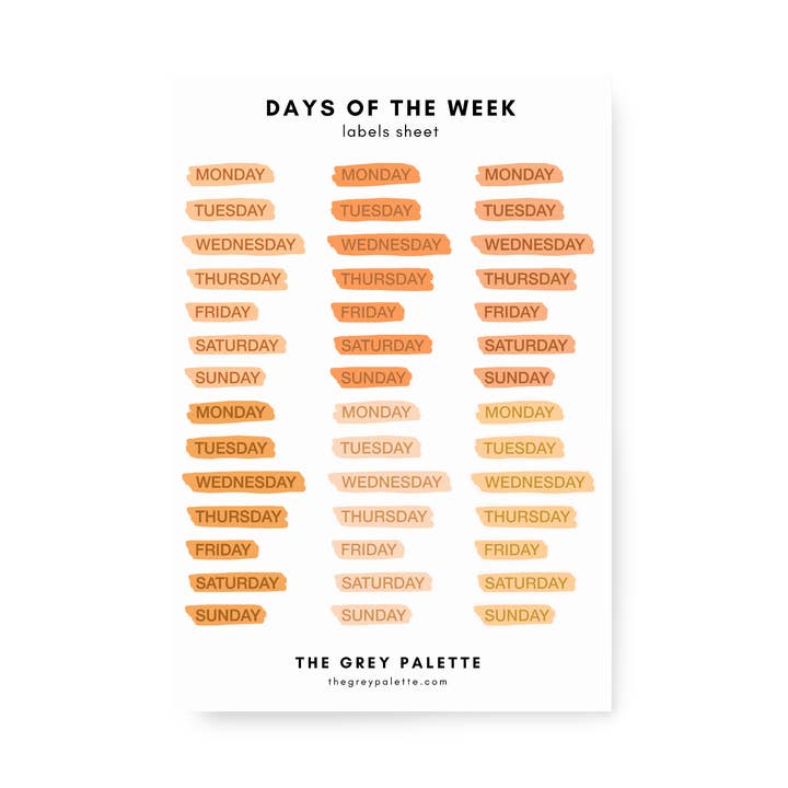 Orange Week Days Sticker Sheet for wholesale by The Grey Palette