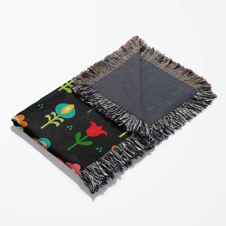 3dRose - Wholesale Throw Blanket - 3dRose, Retro floral pattern - Scandinavian colorful flowers on modern black - Swedish traditional flower, Blanket3