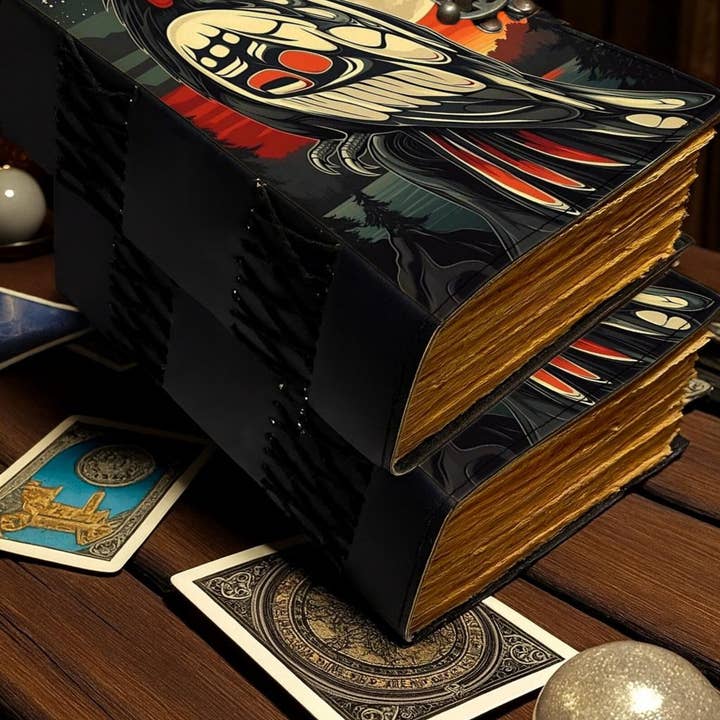 MNM HANDICRAFTS - Wholesale Journal/Diary - Handmade Raven Leather Journal — Moon & Botanical Cover1