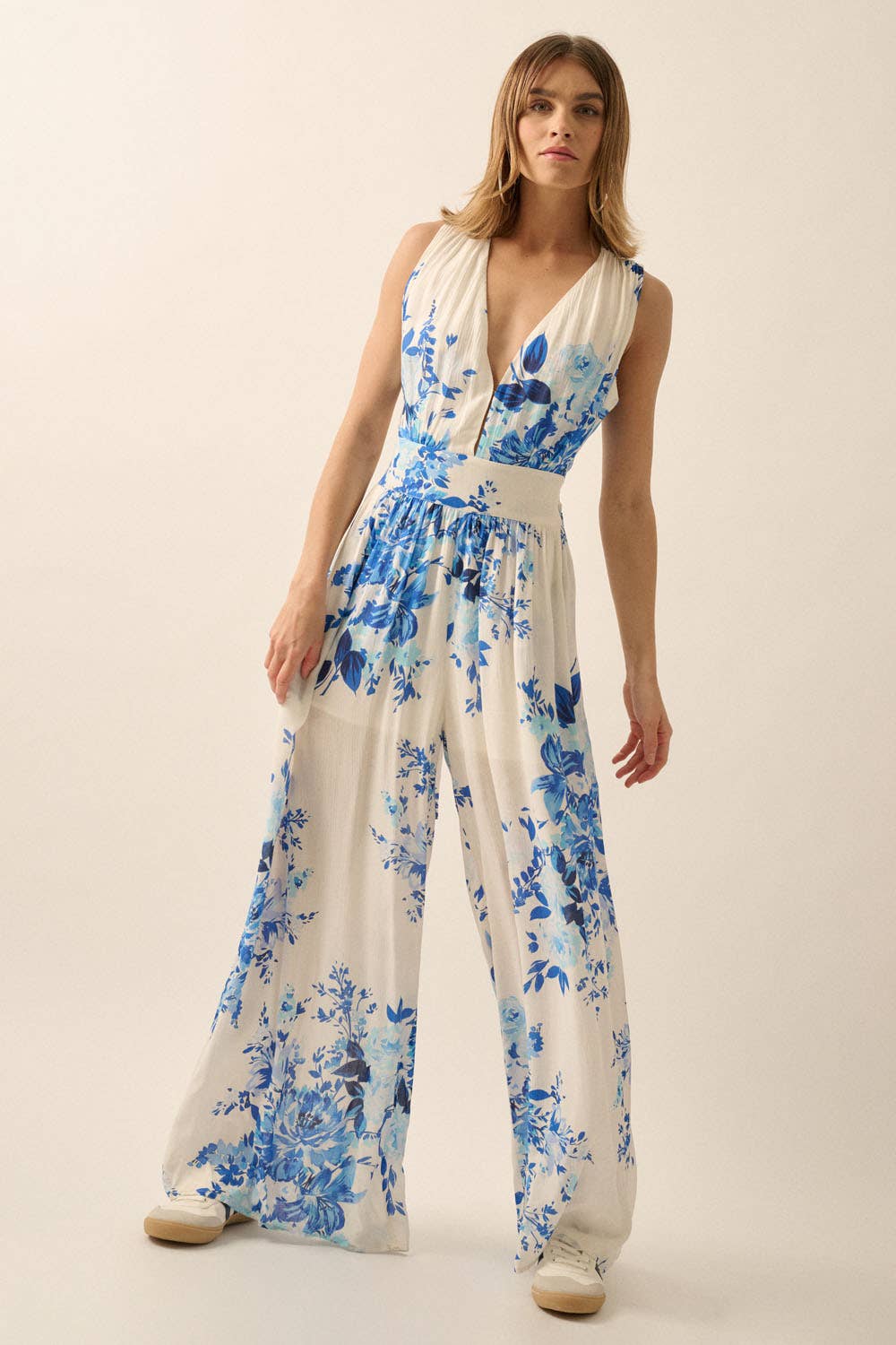 Off White Blue Plunging Neck Floral Woven Jumpsuit for wholesale on Faire3