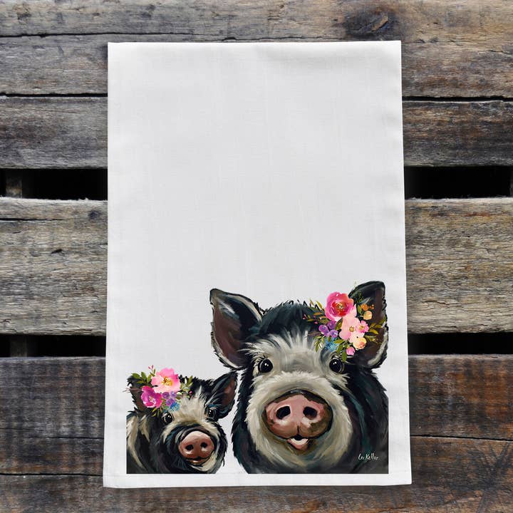 Hippie Hound Studios - Vente Torchons - Torchon Bright Blooms pour maman et bébé en forme de cochon, jolie serviette de ferme