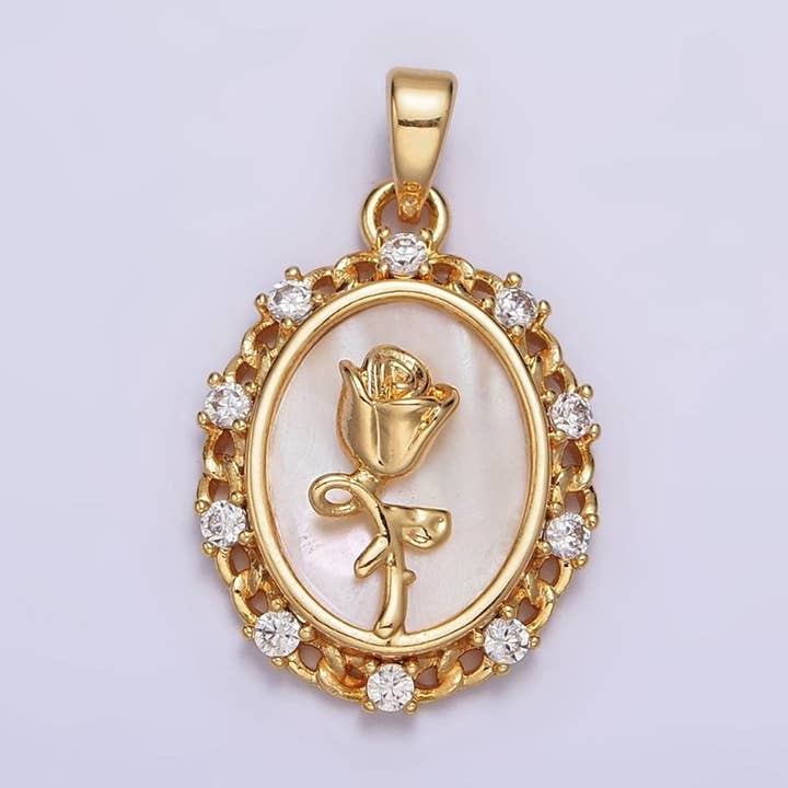 24K Gold Filled Rose Flower Shell Pearl Curb Link CZ Lined Oval Pendant | AA583 for wholesale by Aim Eternal