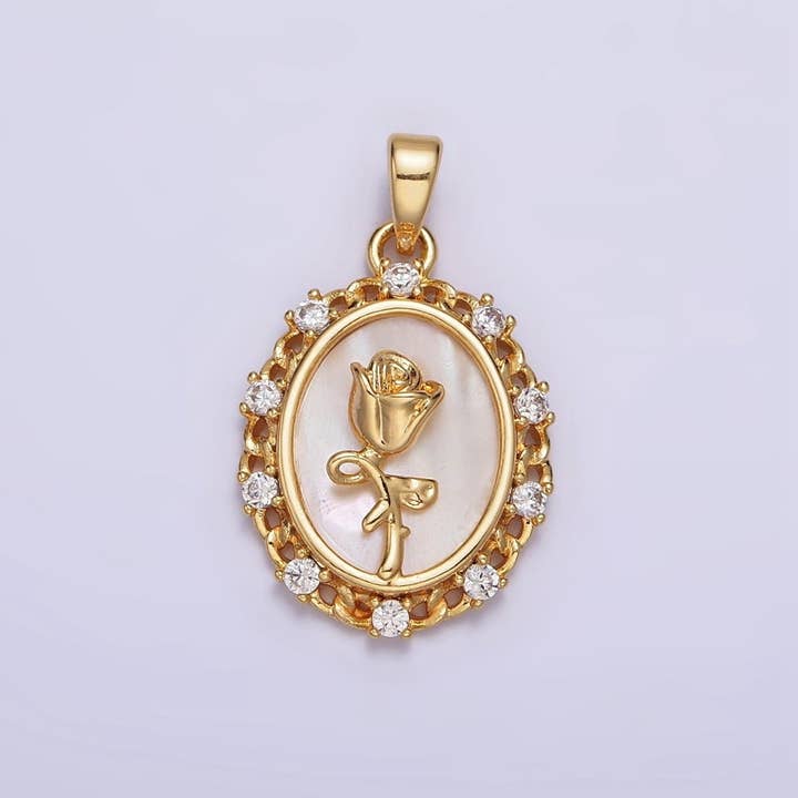 24K Gold Filled Rose Flower Shell Pearl Curb Link CZ Lined Oval Pendant | AA583 for wholesale by Aim Eternal