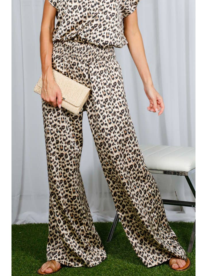Brown Leopard Printed Wide Leg Satin Woven Pants VP81443F for wholesale on Faire