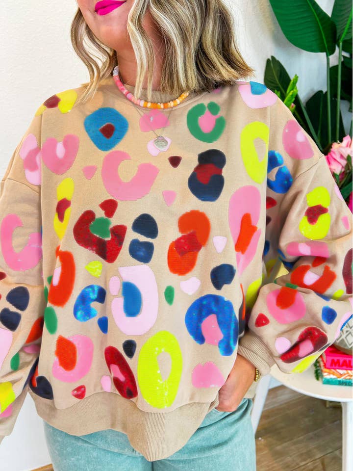 Khaki Multicolor Leopard Printed Drop Shoulder Pullover Sweatshirt for wholesale on Faire