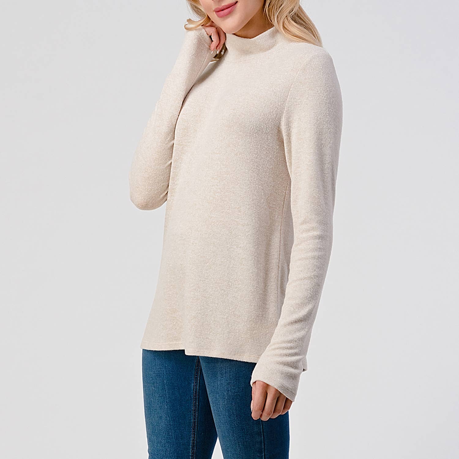 Heimious - Wholesale Knit Top - Women's - Mock Neck L-Sleeve Relaxed Fit Brushed Knit Top, T54818