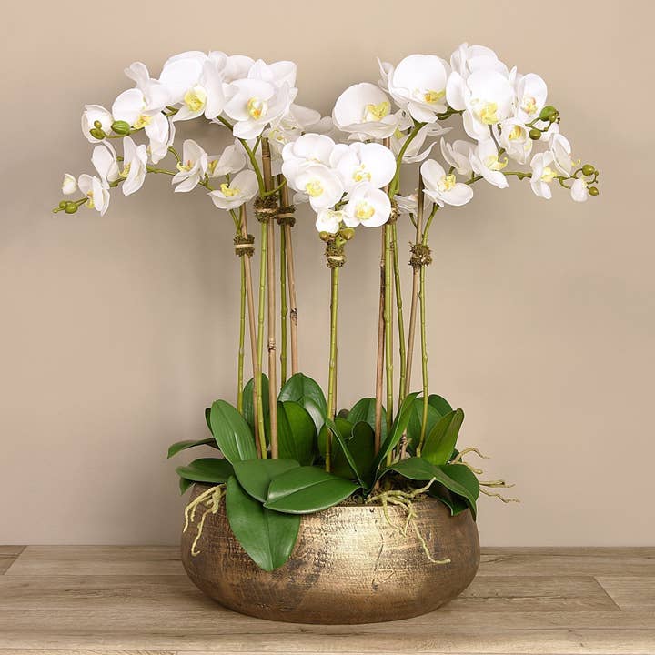 Vivian Rose LLC - Wholesale Artificial Flowers - Faux white orchid arrangement in matte gold planter