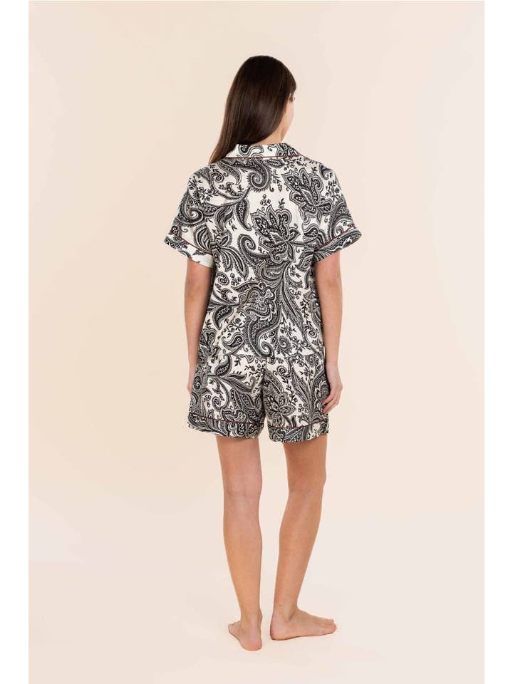 Cream Cotton Sateen Short Pyjama Set - Daphne B&W Paisley for wholesale on Faire2