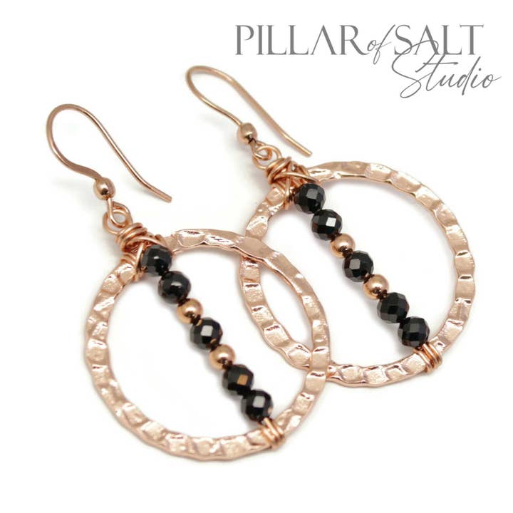 Hammered Copper with Black Tourmaline Handmade Earrings for wholesale by Pillar of Salt Studio