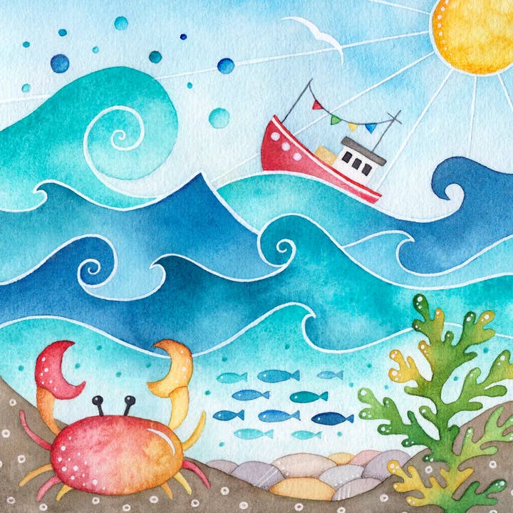 Fishing Boat and Crab Art Print - Unframed - Seaside for wholesale by East Neuk Beach Crafts
