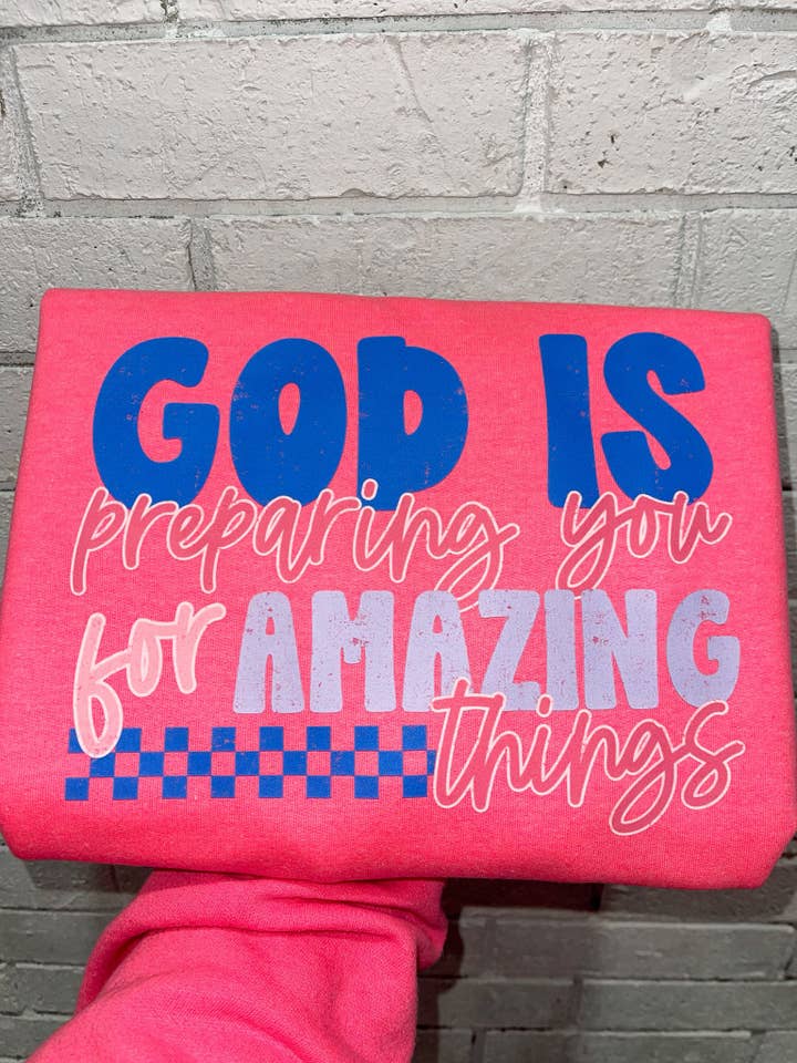 God is Preparing You (Gildan Safety Pink Crew) for wholesale by Twisted Image Tees Wholesale