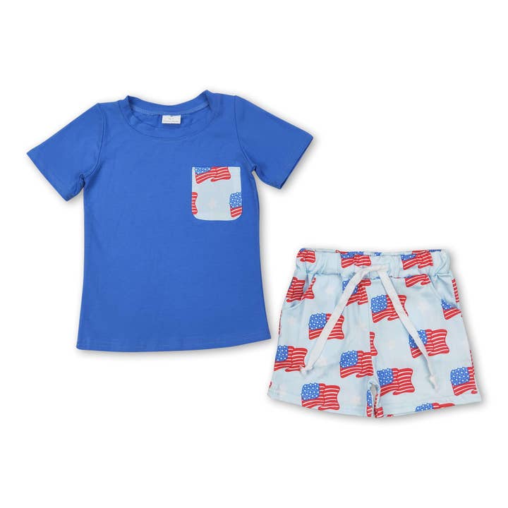 Yawoo Garments - Wholesale Top & Short Set - Kids - Blue short sleeves top flag stars shorts boys 4th of july outfits