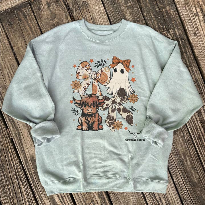 HIGHLAND COW, BOO & BOWS CREWNECK SWEATSHIRT for wholesale by Cowpoke Corral