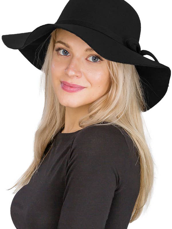 Simplistic Ribbon Polyester Felt Wide Brim Floppy Sun Hat for wholesale by Cap Zone