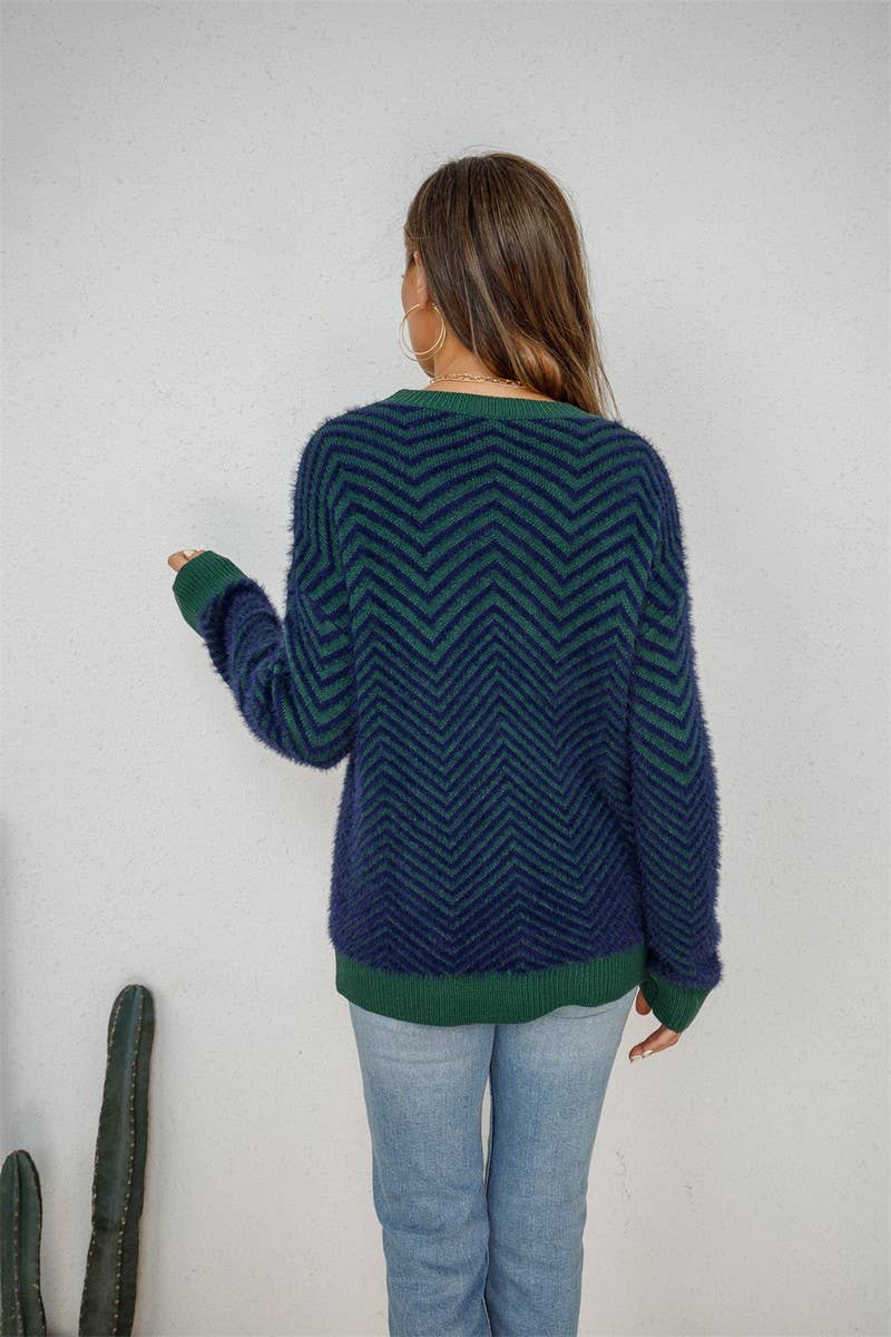 NINEXIS - Wholesale Knit Sweater - Women's - CWOSWL1707_V-neck Long Sleeve Striped Pullover Sweater2