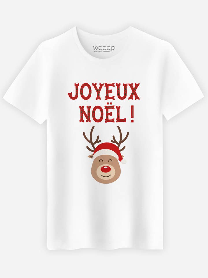 T-Shirt Blanc Homme Joyeux Noël Renne pour la vente par Wooop