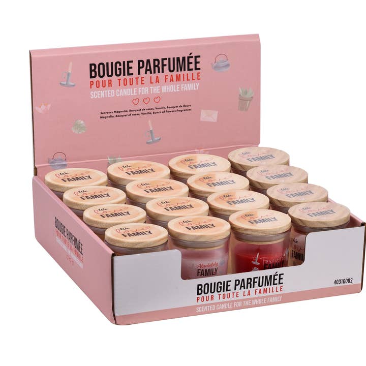 Display of 16 scented candles with wooden lid 55 g for wholesale by POLYFLAME / LAGUIOLE BOUGIES