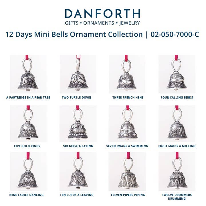 Twelve Days of Christmas Mini Bells with Display for wholesale by Danforth Pewter