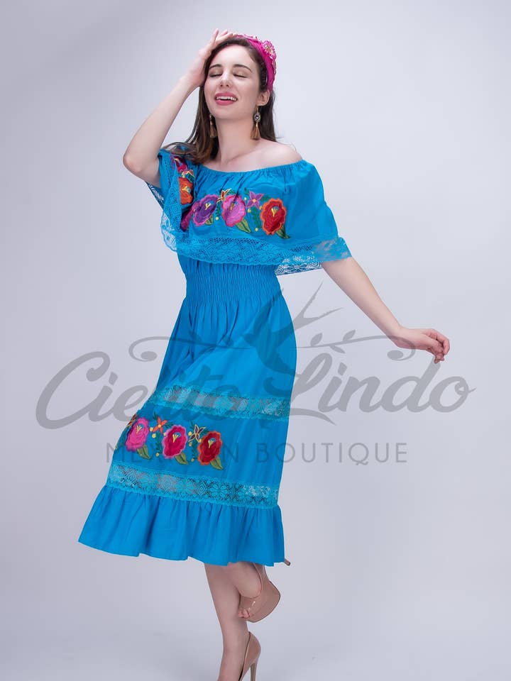 Off the Shoulder Victoria Dress Blue for wholesale by Cielito Lindo