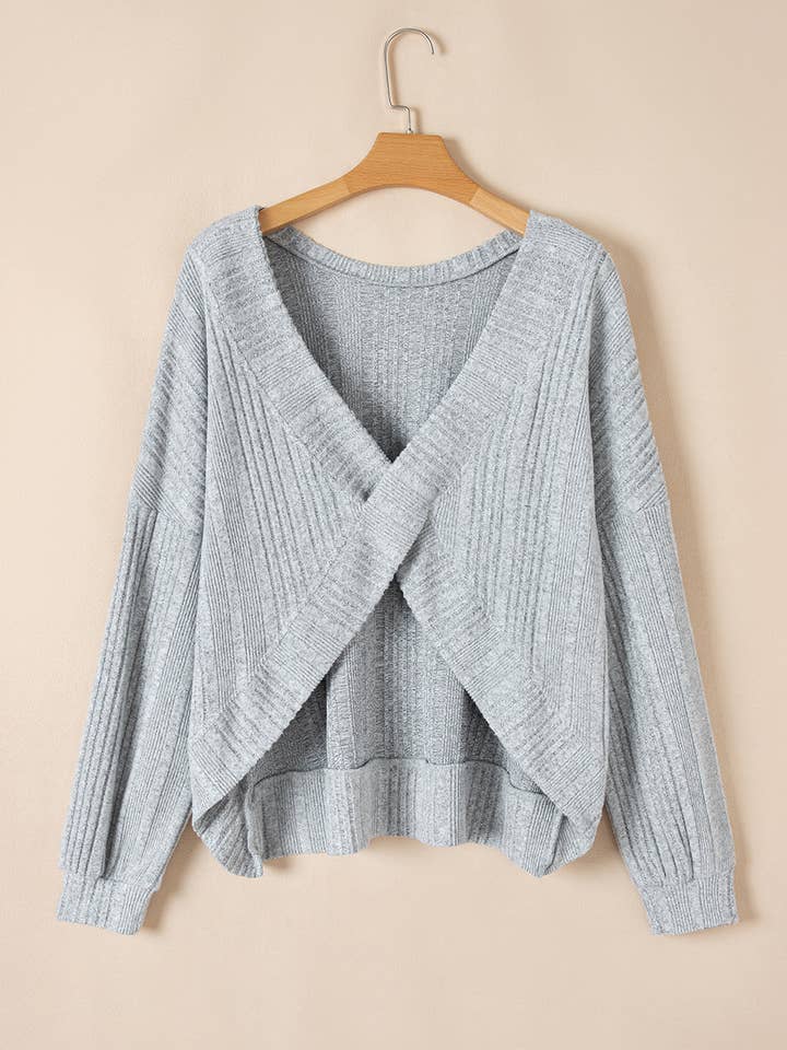 Ribbed Knit Crossover Backless Long Sleeve Top for wholesale by LALA LOO