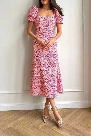 HIDDENBRAND - Wholesale Dress - Women's - Puff sleeve Square collar Floral Dress3