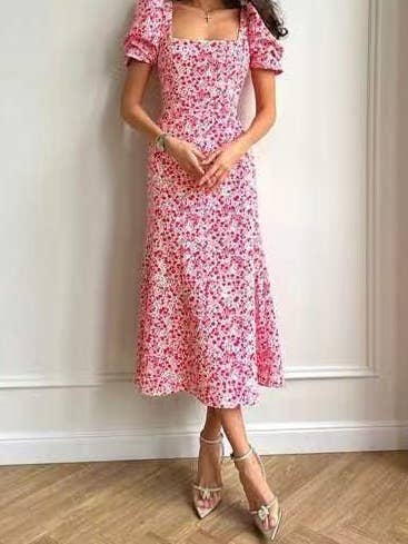 HIDDENBRAND - Wholesale Dress - Women's - Puff sleeve Square collar Floral Dress3